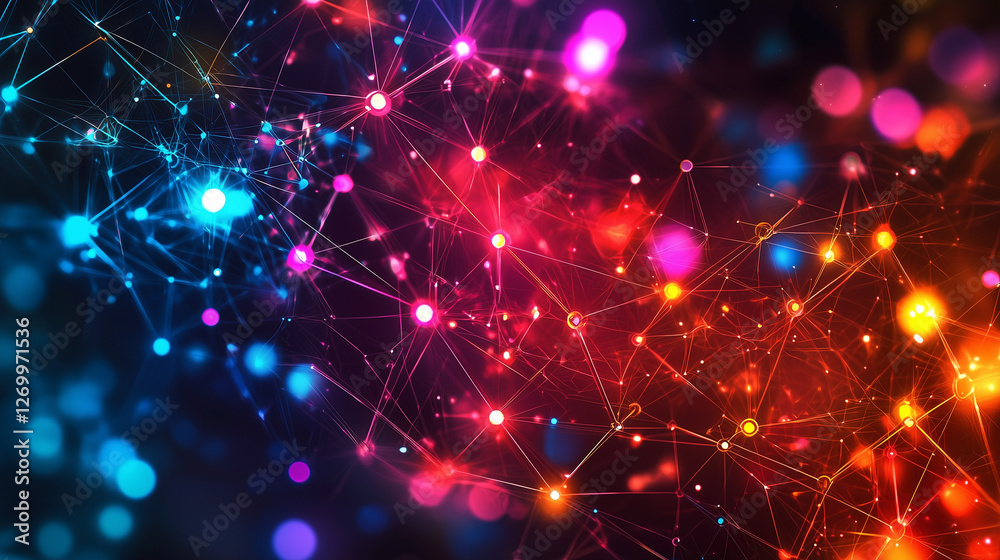 An abstract image depicts a network of interconnected nodes, glowing brightly in vibrant hues of red, pink, blue, and orange against a dark background An abstract image depicts a network of interconnected nodes, glowing brightly in vibrant hues of red, pink, blue, and orange against a dark background