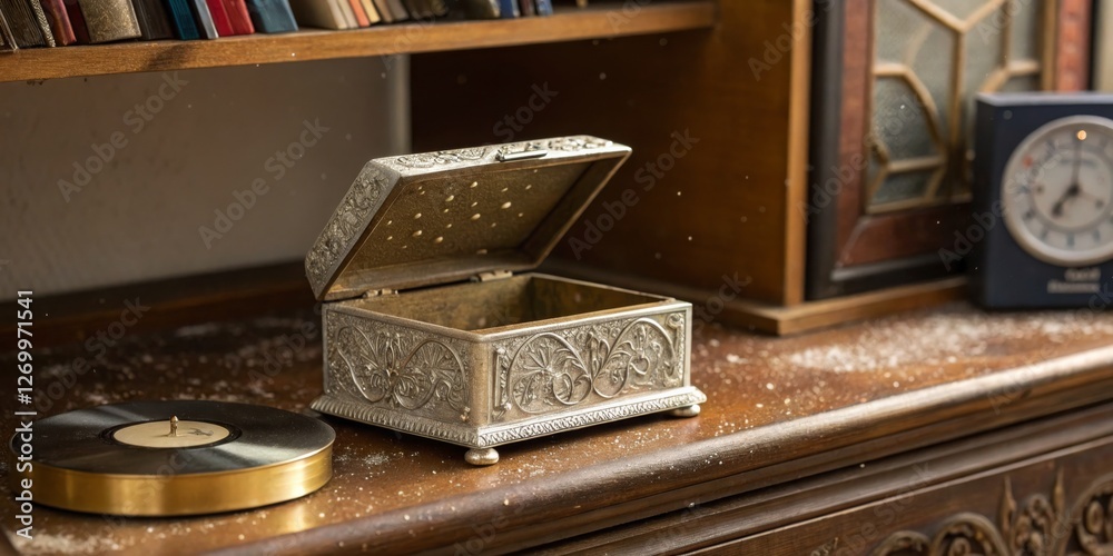 Vintage jewelry box on a wooden table next to a vinyl record and antique clock in a cozy library setting