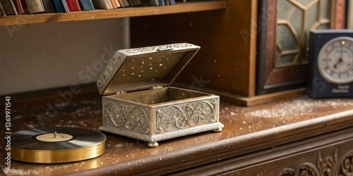 Obraz na płótnie Vintage jewelry box on a wooden table next to a vinyl record and antique clock in a cozy library setting w salonie