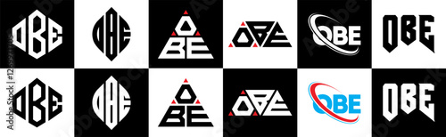 OBE letter logo design in six style. OBE polygon, circle, triangle, hexagon, flat and simple style with black and white color variation letter logo set in one artboard. OBE minimalist and classic logo