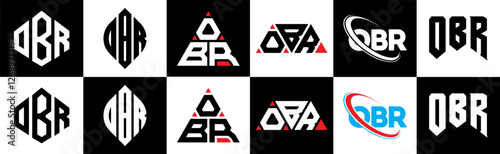 OBR letter logo design in six style. OBR polygon, circle, triangle, hexagon, flat and simple style with black and white color variation letter logo set in one artboard. OBR minimalist and classic logo