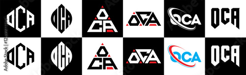 OCA letter logo design in six style. OCA polygon, circle, triangle, hexagon, flat and simple style with black and white color variation letter logo set in one artboard. OCA minimalist and classic logo