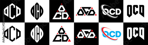 OCD letter logo design in six style. OCD polygon, circle, triangle, hexagon, flat and simple style with black and white color variation letter logo set in one artboard. OCD minimalist and classic logo
