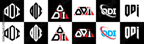 ODI letter logo design in six style. ODI polygon, circle, triangle, hexagon, flat aOD simple style with black aOD white color variation letter logo set in one artboard. ODI minimalist aOD classic logo photo