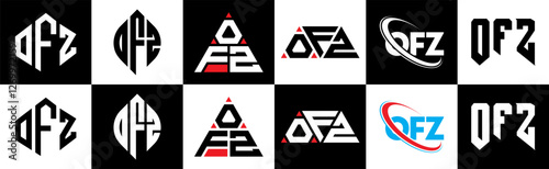 OFZ letter logo design in six style. OFZ polygon, circle, triangle, hexagon, flat and simple style with black and white color variation letter logo set in one artboard. OFZ minimalist and classic logo