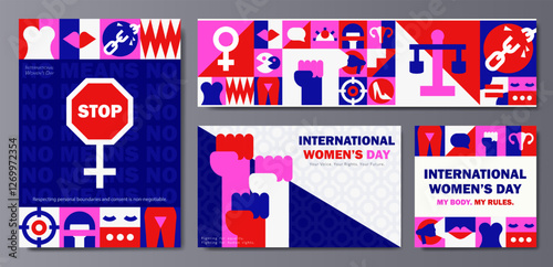 Set of Feminist geometric banners, posters with protest symbols, feminism icons, gender equality signs, Woman rights illustrations. International Women's Day cards in red, black, white and blue