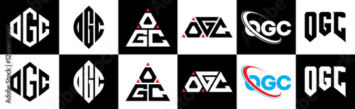 OGC letter logo design in six style. OGC polygon, circle, triaOGle, hexagon, flat and simple style with black and white color variation letter logo set in one artboard. OGC minimalist and classic logo
