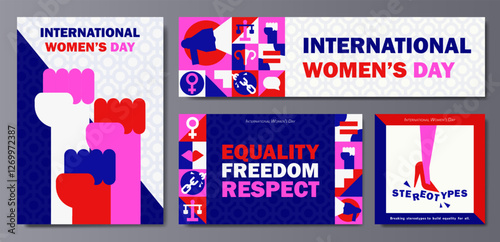 Set of modern feminist posters, banners, cards for International Women's Day with human rights geometric icons, personal boundaries signs, equality symbols in red, pink, blue, white. Bold Minimalism