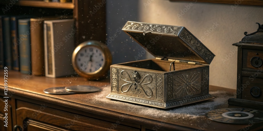 Antique jewelry box resting on a dusty wooden table with vintage items and a clock in the background