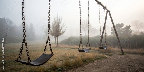 Obraz na płótnie Empty swings in a foggy park during early morning hours evoke a sense of nostalgia and tranquility in nature w salonie