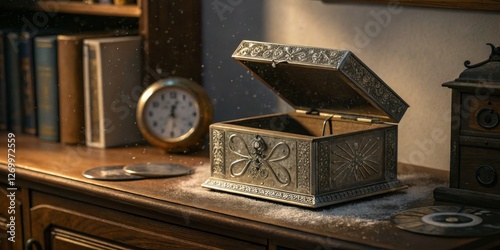 Obraz na płótnie Antique jewelry box resting on a dusty wooden table with vintage items and a clock in the background w salonie