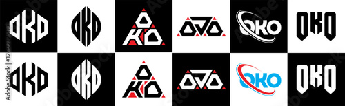 OKO letter logo design in six style. OKO polygon, circle, triangle, hexagon, flat and simple style with black and white color variation letter logo set in one artboard. OKO minimalist and classic logo