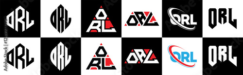 ORL letter logo design in six style. ORL polygon, circle, triangle, hexagon, flat and simple style with black and white color variation letter logo set in one artboard. ORL minimalist and classic logo