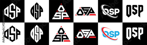 OSP letter logo design in six style. OSP polygon, circle, triangle, hexagon, flat and simple style with black and white color variation letter logo set in one artboard. OSP minimalist and classic logo