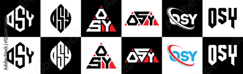 OSY letter logo design in six style. OSY polygon, circle, triangle, hexagon, flat and simple style with black and white color variation letter logo set in one artboard. OSY minimalist and classic logo