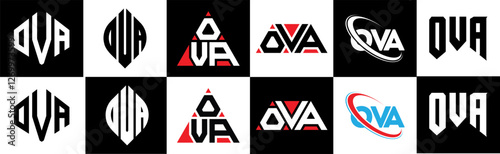 OVA letter logo design in six style. OVA polygon, circle, triangle, hexagon, flat and simple style with black and white color variation letter logo set in one artboard. OVA minimalist and classic logo