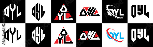 OYL letter logo design in six style. OYL polygon, circle, triangle, hexagon, flat and simple style with black and white color variation letter logo set in one artboard. OYL minimalist and classic logo photo