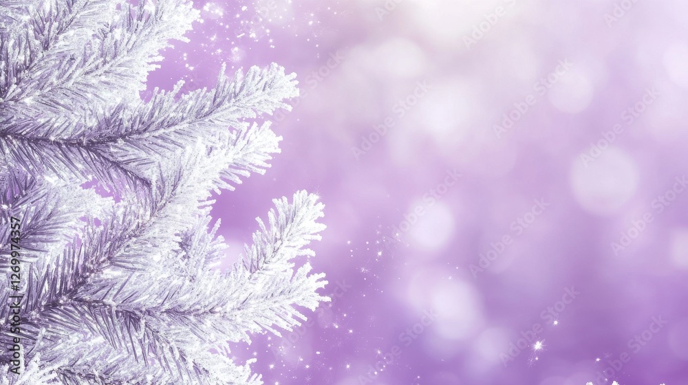 Fototapeta premium A beautifully frosted evergreen branch adorned with glistening snow, set against a magical purple bokeh background, evoking a festive winter spirit.