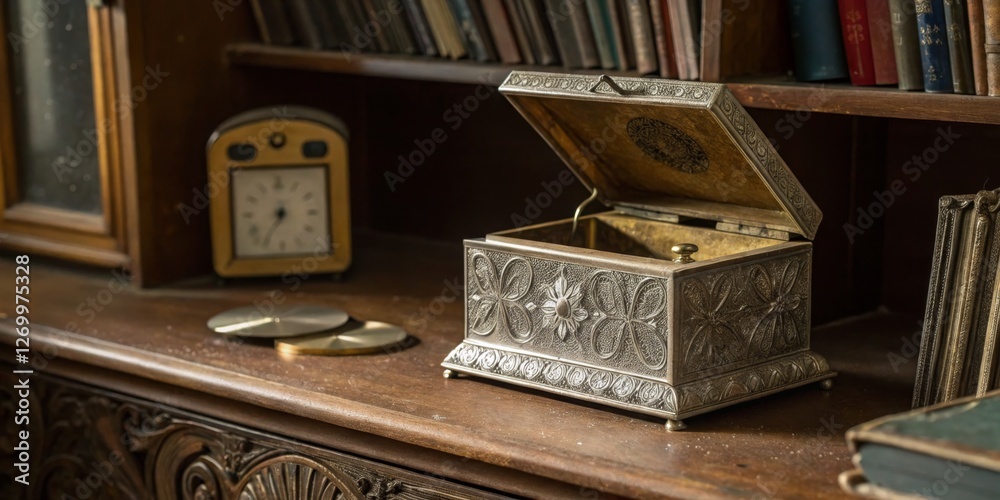 Vintage metal box placed on an antique wooden shelf surrounded by books and a clock in a cozy room