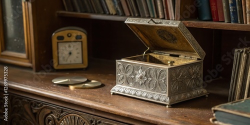 Obraz na płótnie Vintage metal box placed on an antique wooden shelf surrounded by books and a clock in a cozy room w salonie