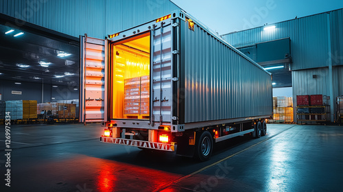 Warehouse loading dock with open shipping container at night showcasing illuminated interior and stacked pallets