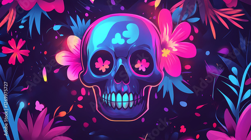 Punk-inspired skull illustration featuring neon floral patterns and bold graffiti textures in vibrant colors. Neon Graffiti Spirits. Illustration photo