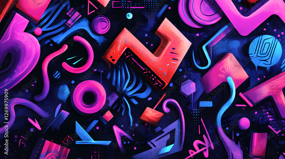 Rebellious retro banner design with abstract elements. Neon Graffiti Spirits. Illustration
