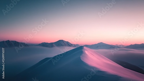 Gentle slopes rise under soft pink and blue hues, creating seren photo