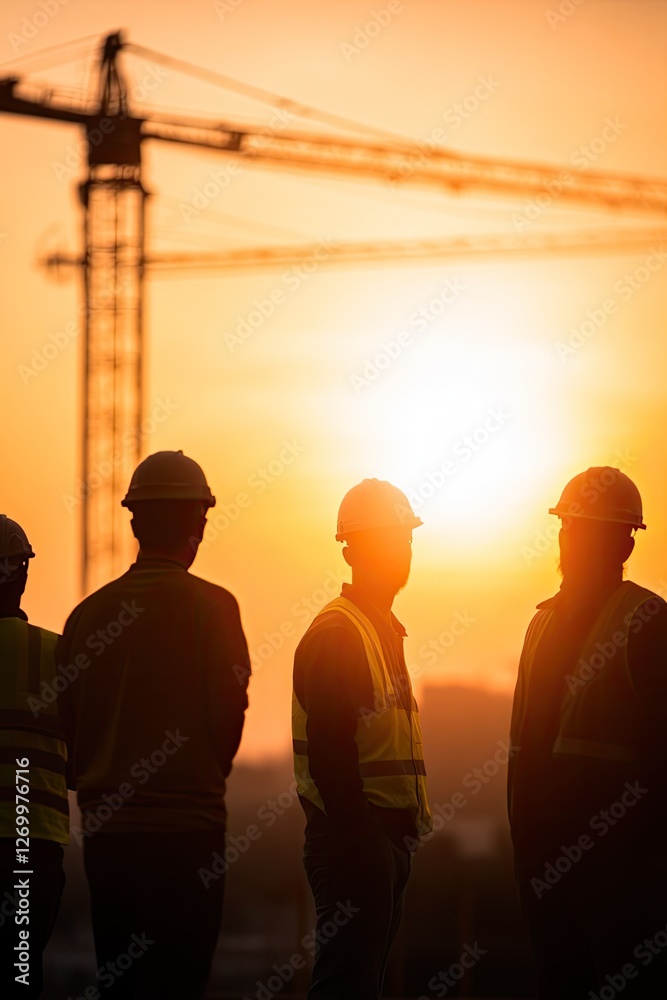 Silhouetted workers stand against vibrant sunset, capturing dedi Silhouetted workers stand against vibrant sunset, capturing dedi