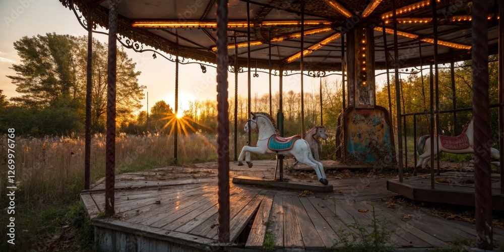 Abandoned carousel at sunset in a forgotten amusement park with overgrown grass and quiet surroundings