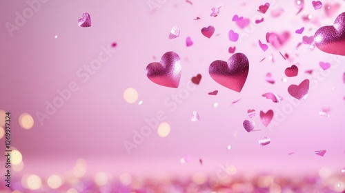 Glittering heart confetti falling on a pink background