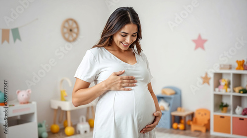 Happy Pregnant Woman wearing a white housedress standing smile stroking big belly with love with a child's room background photo