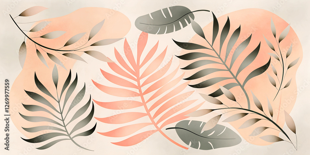 Muted coral and gray botanicals dance across off-white canvas. Watercolor shapes create ethereal backdrop for elegant branch illustrations. Spa retreat, Yoga studio, Health clinic Muted coral and gray botanicals dance across off-white canvas. Watercolor shapes create ethereal backdrop for elegant branch illustrations. Spa retreat, Yoga studio, Health clinic