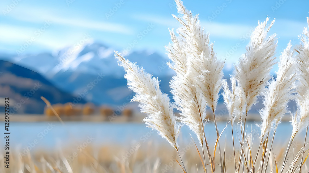 Fototapeta premium Pampas grass autumn mountains lake