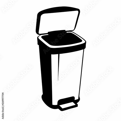 Black and white step trash can illustration with lid ajar showing clean minimalist design. Modern household waste management solution against plain background. Concept: Home Organization, Waste Manage