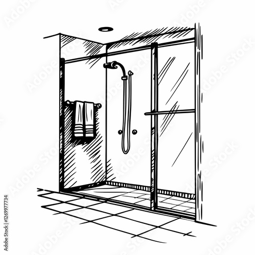 Detailed line drawing of modern shower stall with sliding glass door and towel rack. Clean functional design shows tiled floor. Concept: Bathroom Design, Home Renovation, Interior Planning