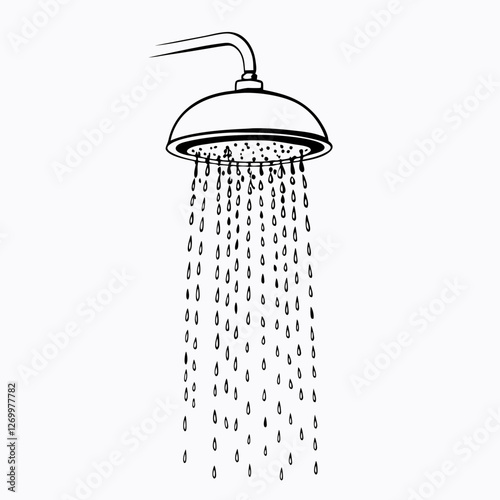 Vintage-style line drawing of shower head with water droplets. Simple yet detailed technical illustration shows water flow. Concept: Plumbing, Bathroom fixtures.