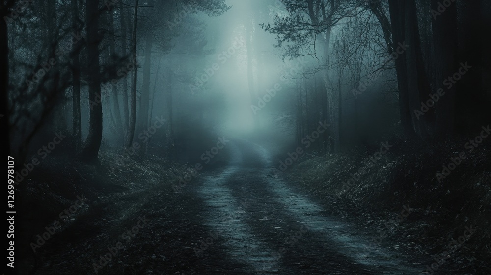Fototapeta premium A cinematic shot of an eerie forest path disappearing into heavy mist, creating an unsettling, ghostly atmosphere. --ar 16:9 --style raw --v 6.1 Job ID: 00698d9f-a1c7-43b6-bf56-dc6511e94722