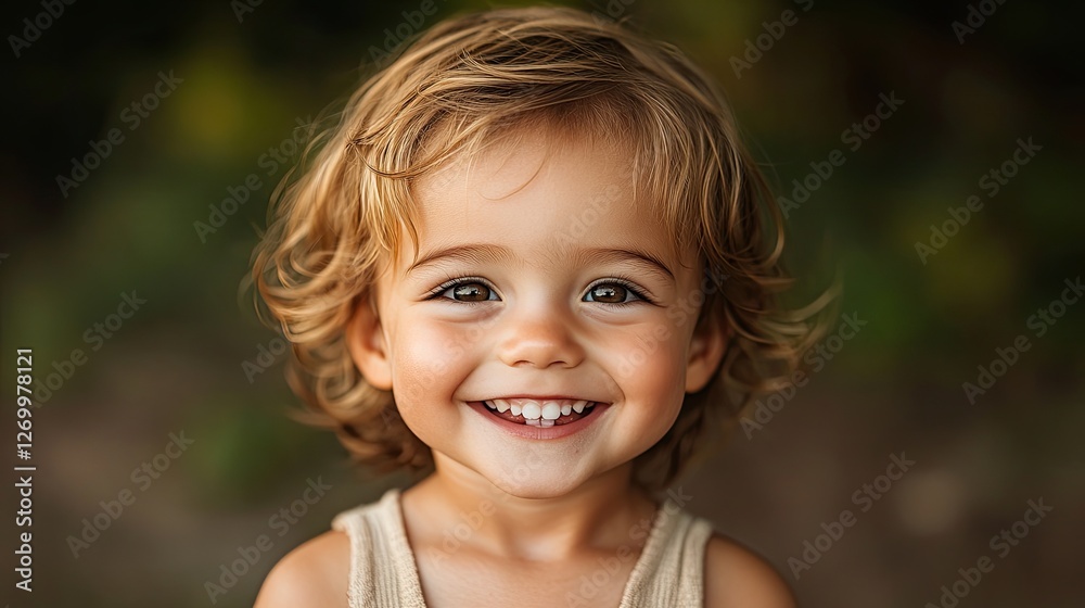 Joyful child with curly hair smiles radiantly against soft, blur Joyful child with curly hair smiles radiantly against soft, blur
