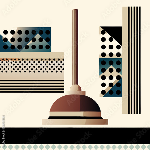 Brown plunger in Art Deco style with teal geometric patterns. Sophisticated design transforms utility into elegance. Concept: vintage hardware, artistic home, designer plumbing