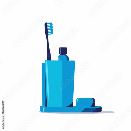 Toothbrush and toothpaste rest in blue holder beside soap bar. Clean bathroom essentials arranged in modern composition. Concept: dental hygiene, bathroom supplies, personal care