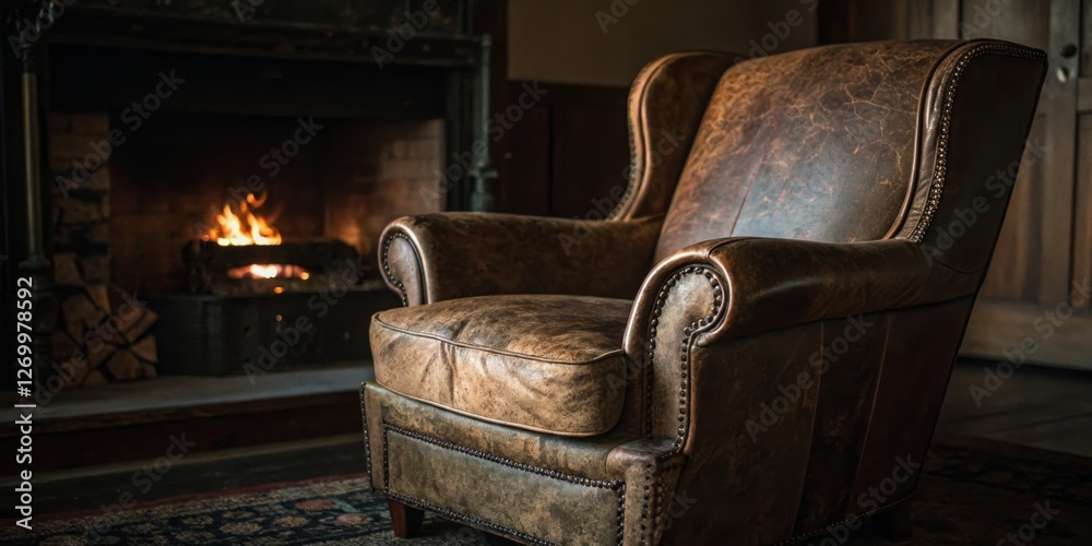Cozy leather armchair positioned near a warm fireplace in a rustic living room