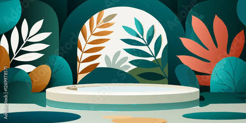 Stylized indoor pool surrounded by lush plants and trees with flat lighting and bold vector colors. Concepts: relaxation, spa, luxury, tropical, interior garden, wellness, modern nature.
