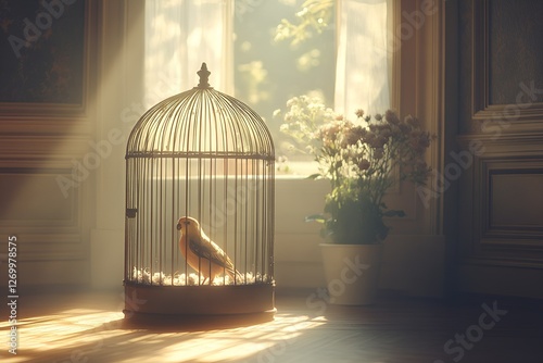A small bird in a decorative metal cage inside a softly lit room with sunlight streaming in photo
