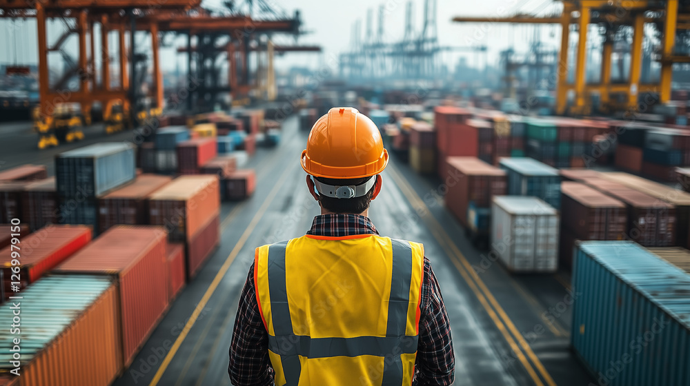 Worker examines cargo containers at a busy shipping yard on a cloudy day in an industrial port Worker examines cargo containers at a busy shipping yard on a cloudy day in an industrial port