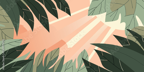 Sunbeams pierce through tropical foliage in pastel hues. Minimalist design evokes peaceful jungle morning. Concept: Resort, spa retreat, wellness center
