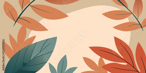 Autumn leaves encircle central white space in burnt orange and teal. Modern minimal design perfect for fall season. Concept: Seasonal decor, lifestyle brand