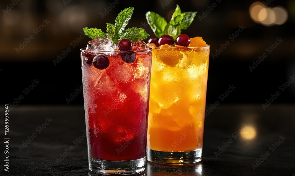 Two servings of cool orange and cranberry iced tea, enhanced with mint garnish. Two servings of cool orange and cranberry iced tea, enhanced with mint garnish.