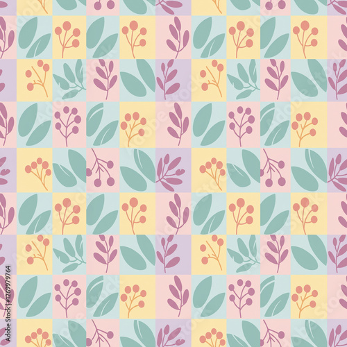 Seamless Pastel Botanical Checkerboard Pattern with Leaves and Berries