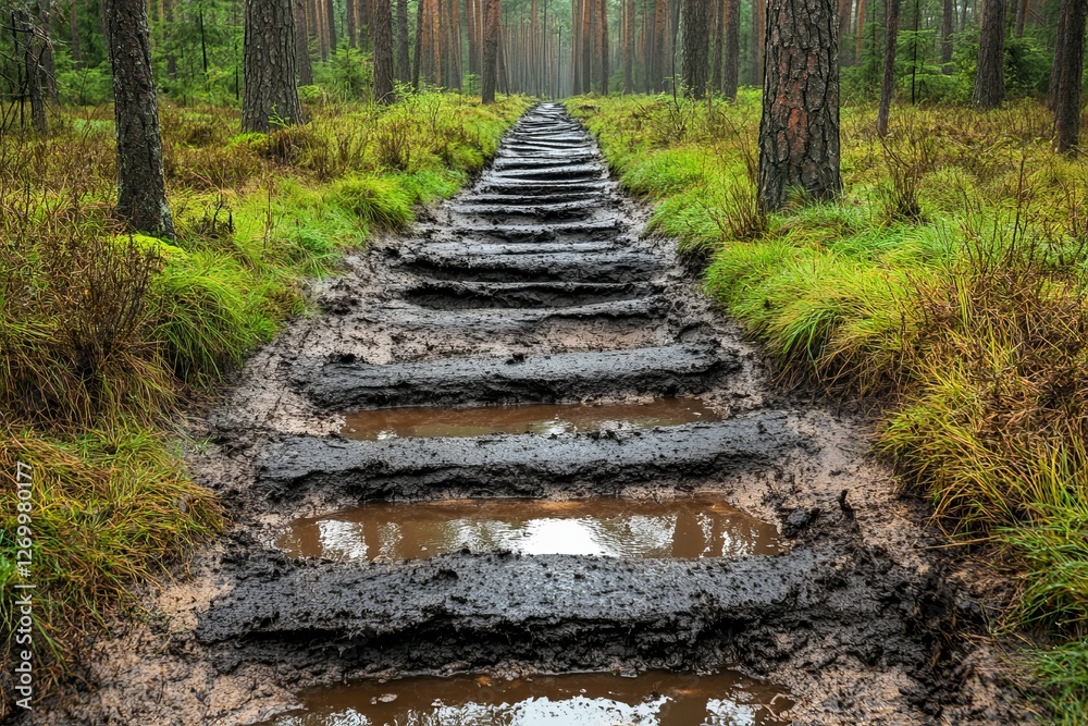 The forest floor exhibits deep tracks with soil that is compressed, deteriorated, and seriously damaged by powerful industrial wood harvesters The forest floor exhibits deep tracks with soil that is compressed, deteriorated, and seriously damaged by powerful industrial wood harvesters
